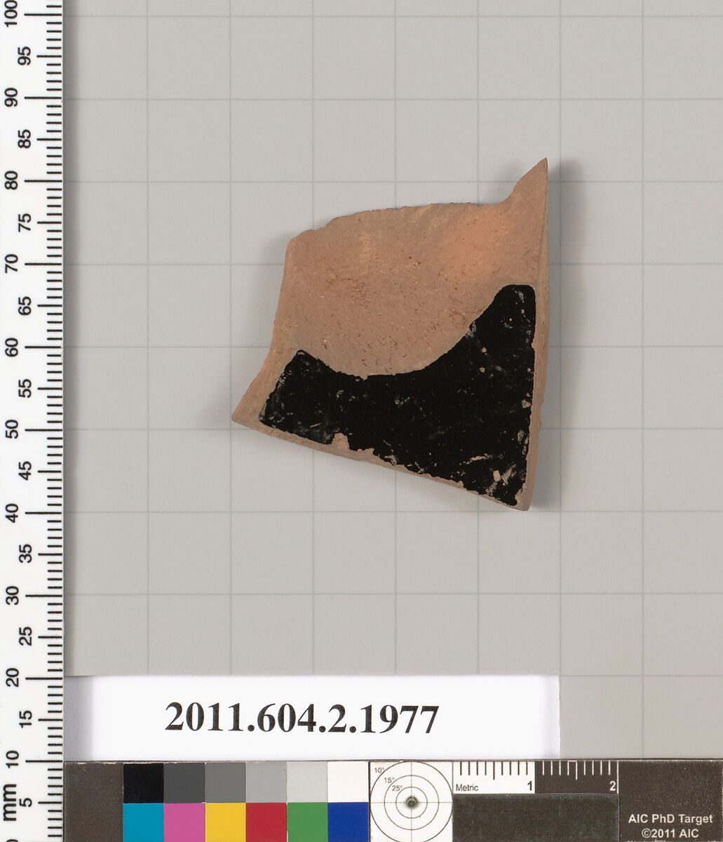 Terracotta fragment of a pot; glazed on the inside, Terracotta, Greek, Attic