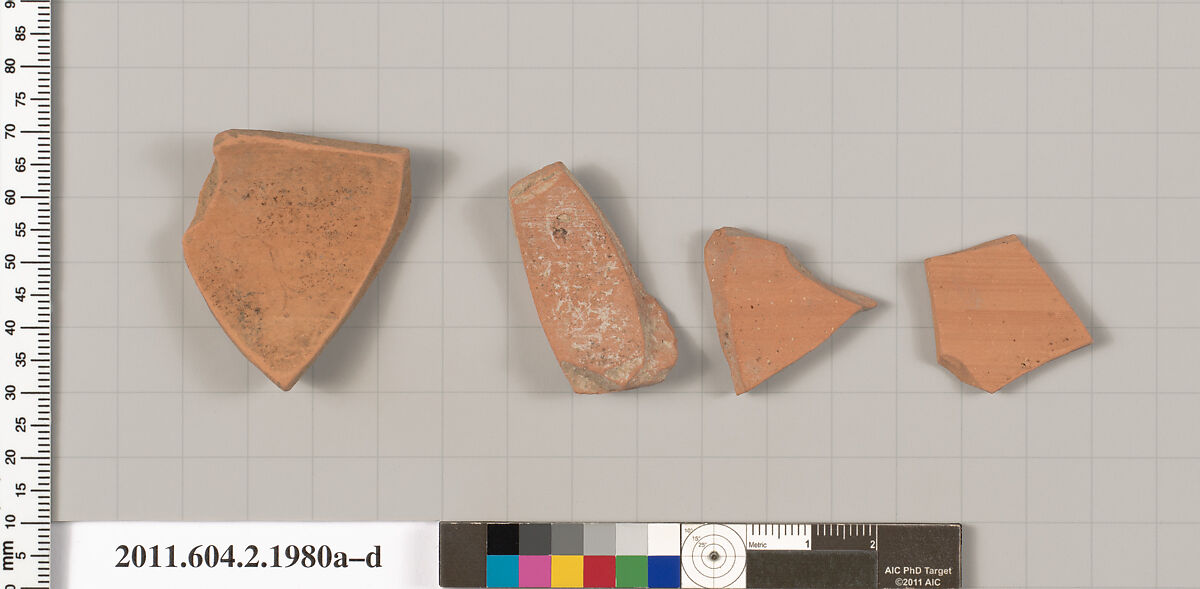 Terracotta fragments of pots; unglazed on the inside, Terracotta, Greek, Attic