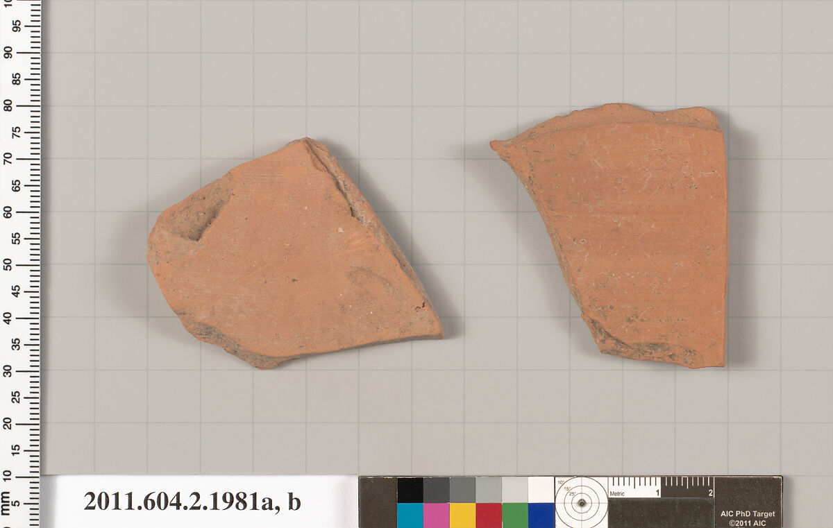 Terracotta fragments of pots; unglazed on the inside, Terracotta, Greek, Attic