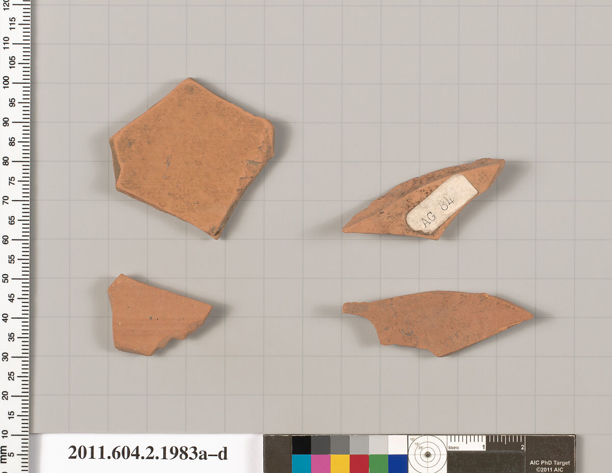 Terracotta fragments of pots; unglazed on the inside, Terracotta, Greek, Attic