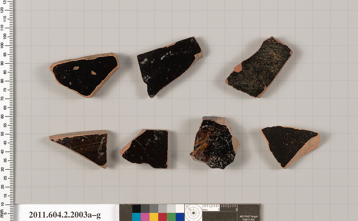 Terracotta fragments of pots; glazed on the inside, Terracotta, Greek, Attic