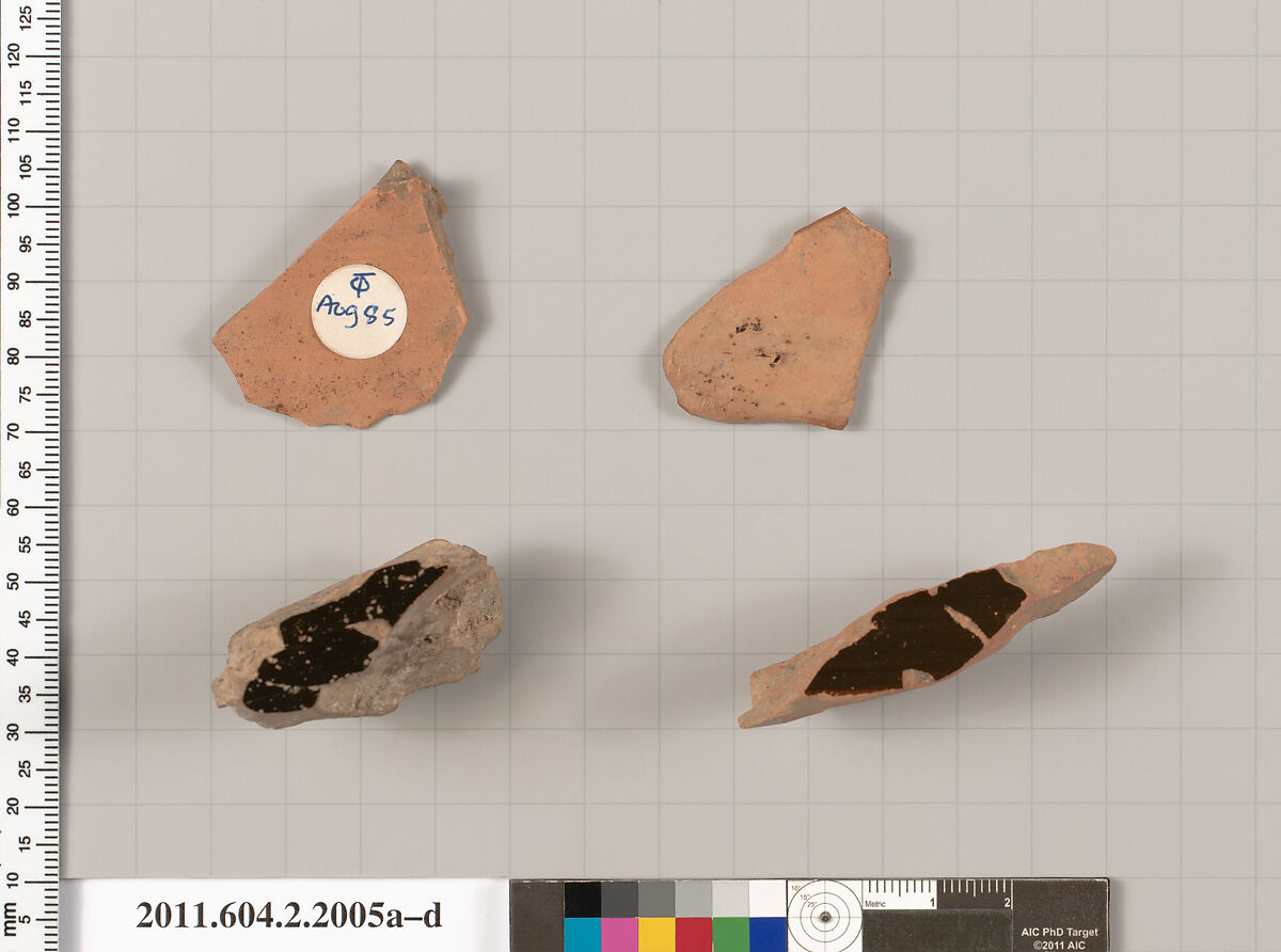 Terracotta fragments of pots; unglazed on the inside, Terracotta, Greek, Attic