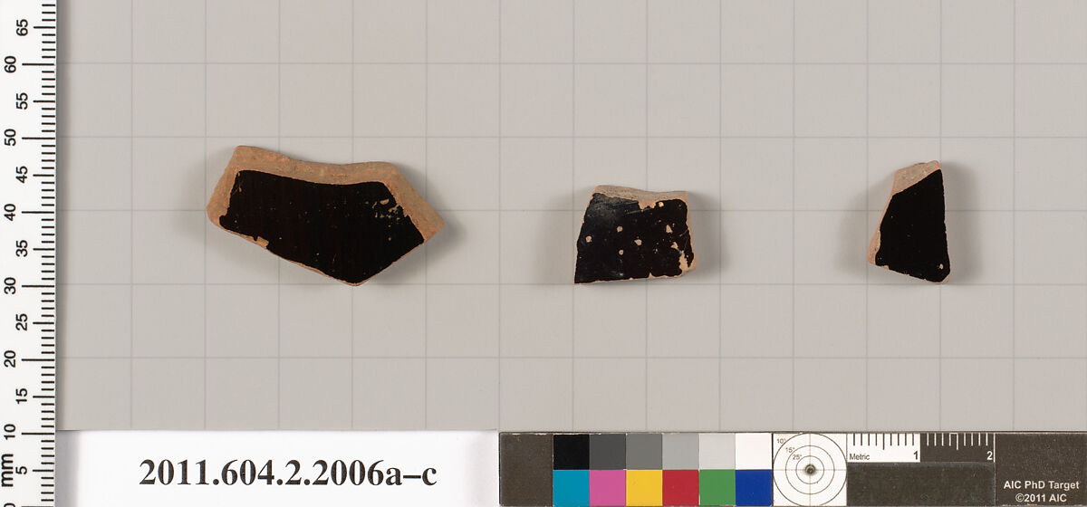 Terracotta fragments of pots; glazed on the inside, Terracotta, Greek, Attic