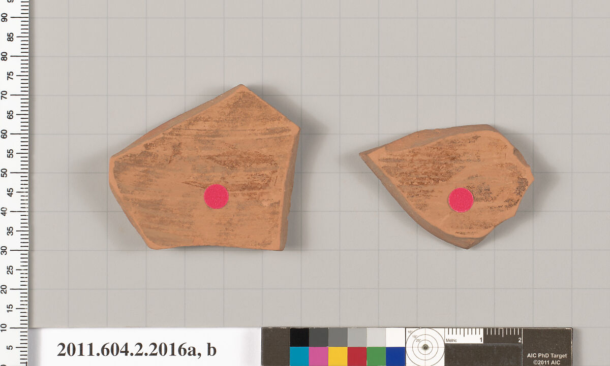 Terracotta fragments of a pot; glazed on the inside, Terracotta, Greek, Attic