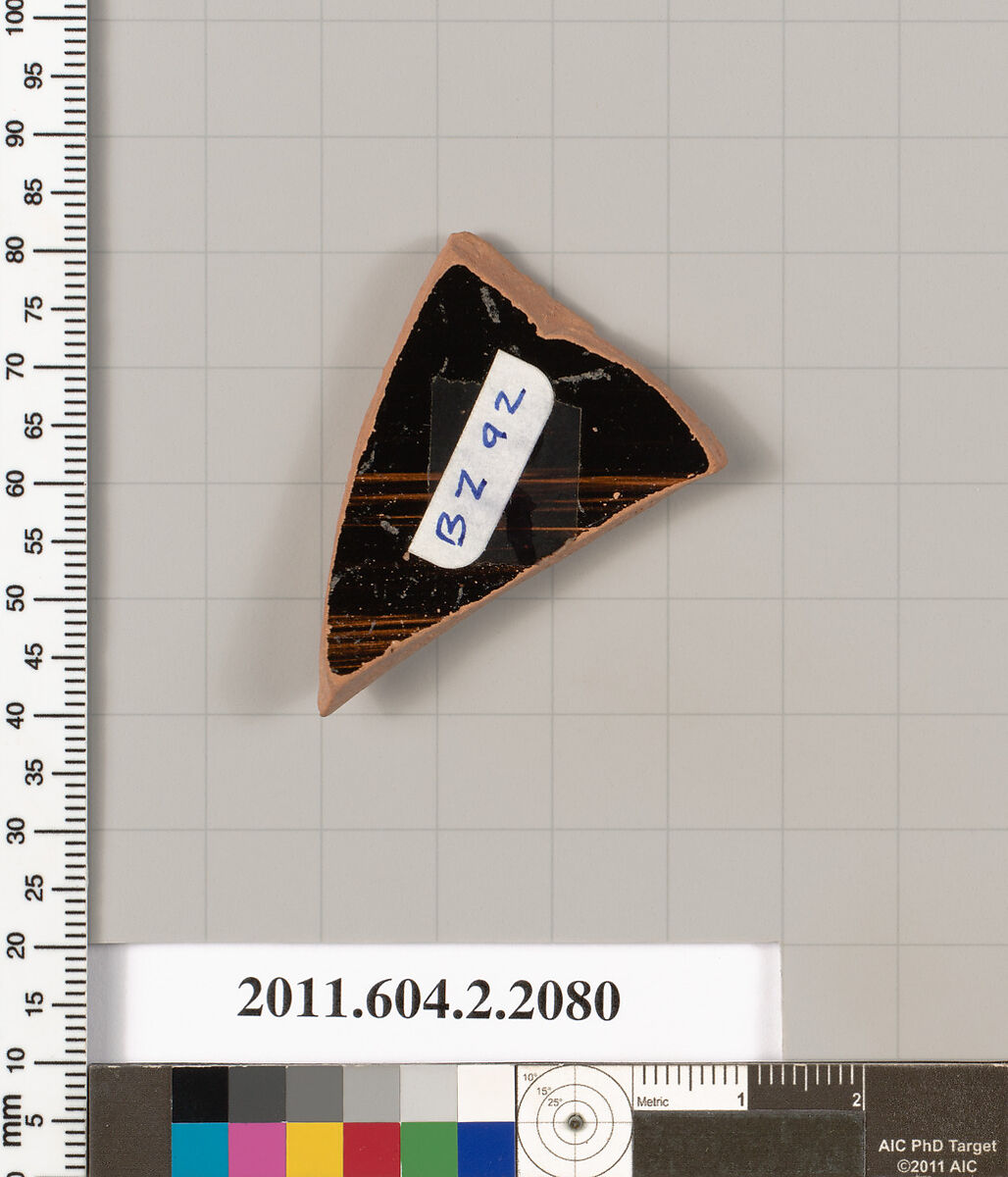 Terracotta fragment of a pot; glazed on the inside, Terracotta, Greek, Attic