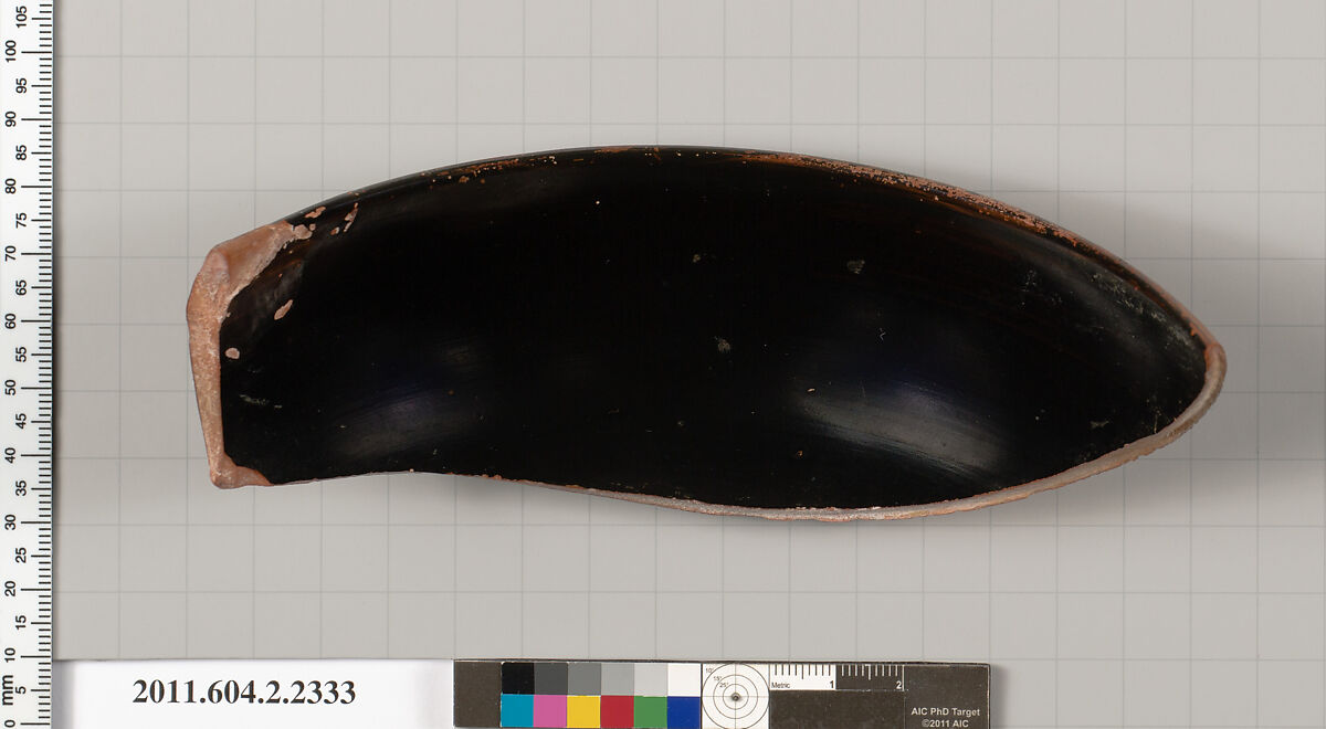 Terracotta fragment of a skyphos (deep drinking cup), Terracotta, Greek, Attic