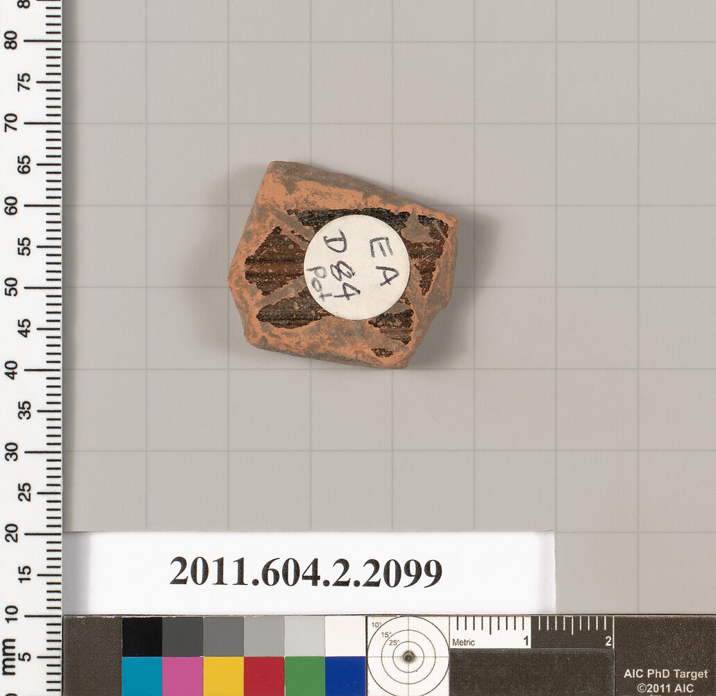Terracotta fragment of a pot, Terracotta, Greek, Attic