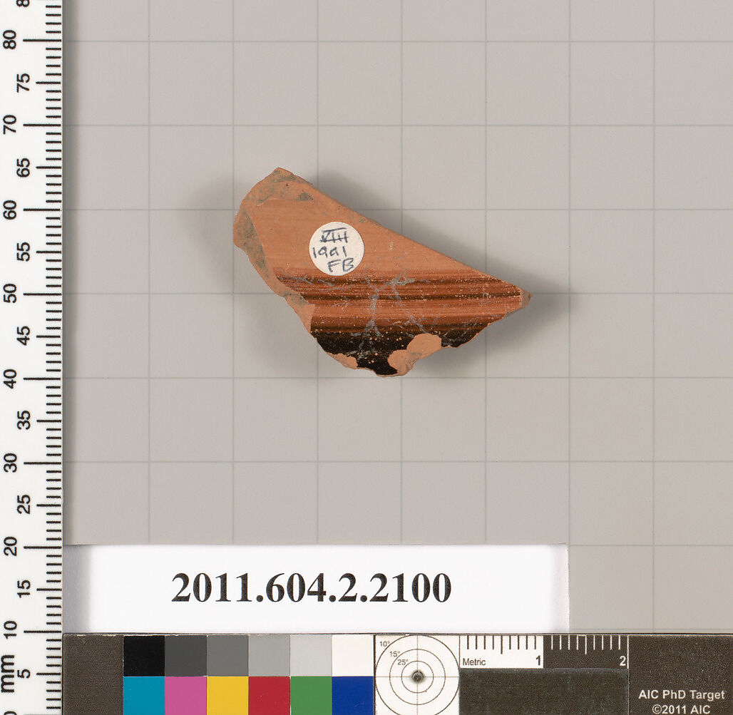 Terracotta fragment of a pot, Terracotta, Greek, Attic