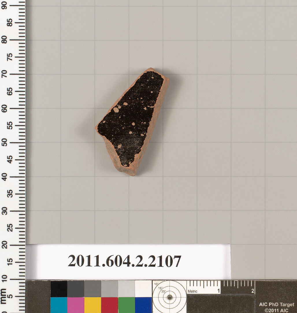 Terracotta fragment of a pot; glazed on the inside, Terracotta, Greek, Attic