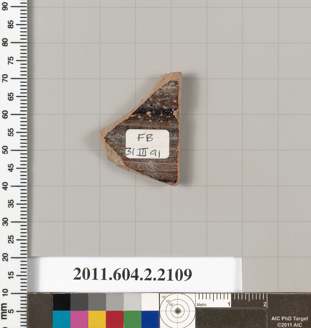 Terracotta fragment of a pot; glazed on the inside, Terracotta, Greek, Attic