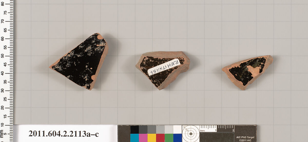 Terracotta fragments of pots; glazed on the inside, Terracotta, Greek, Attic