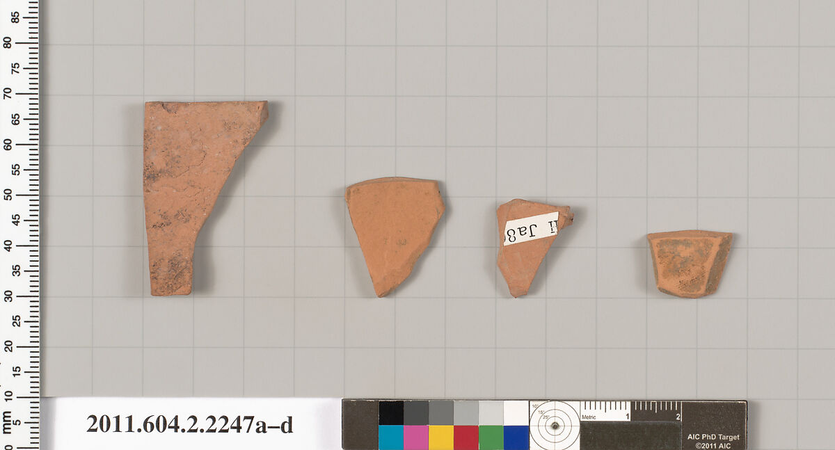 Terracotta fragments of pots; unglazed on the inside, Terracotta, Greek, Attic