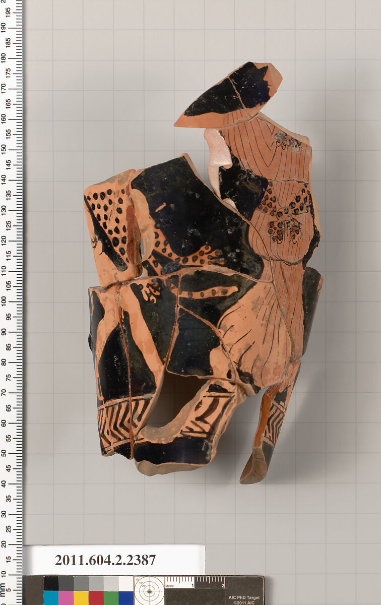 Terracotta fragment of a rhyton (vase for libations and drinking), Terracotta, Greek, Attic 