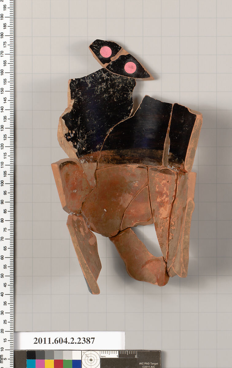 Terracotta fragment of a rhyton (vase for libations and drinking), Terracotta, Greek, Attic
