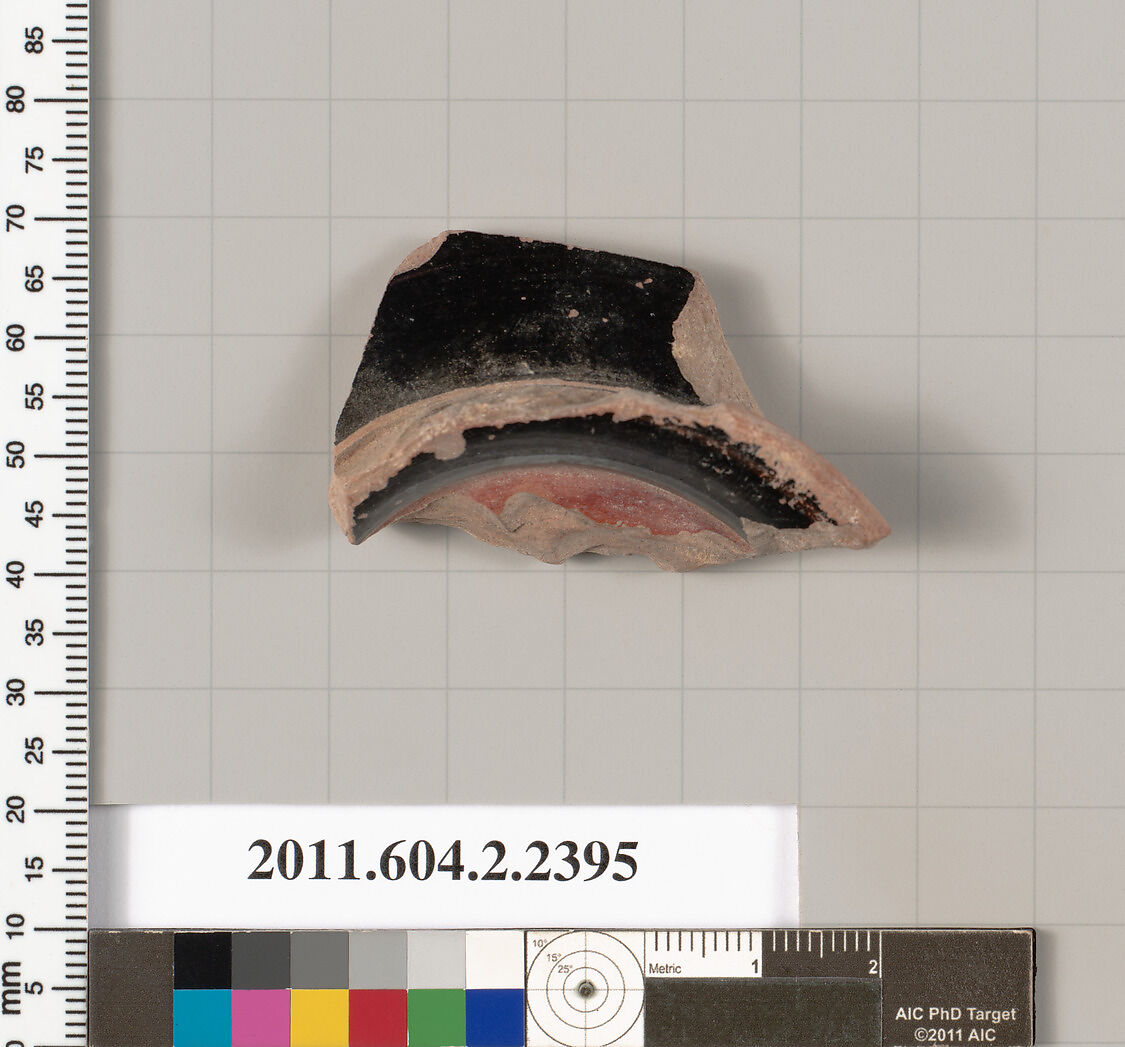Terracotta fragment of a skyphos (deep drinking cup), Terracotta, Greek, Attic