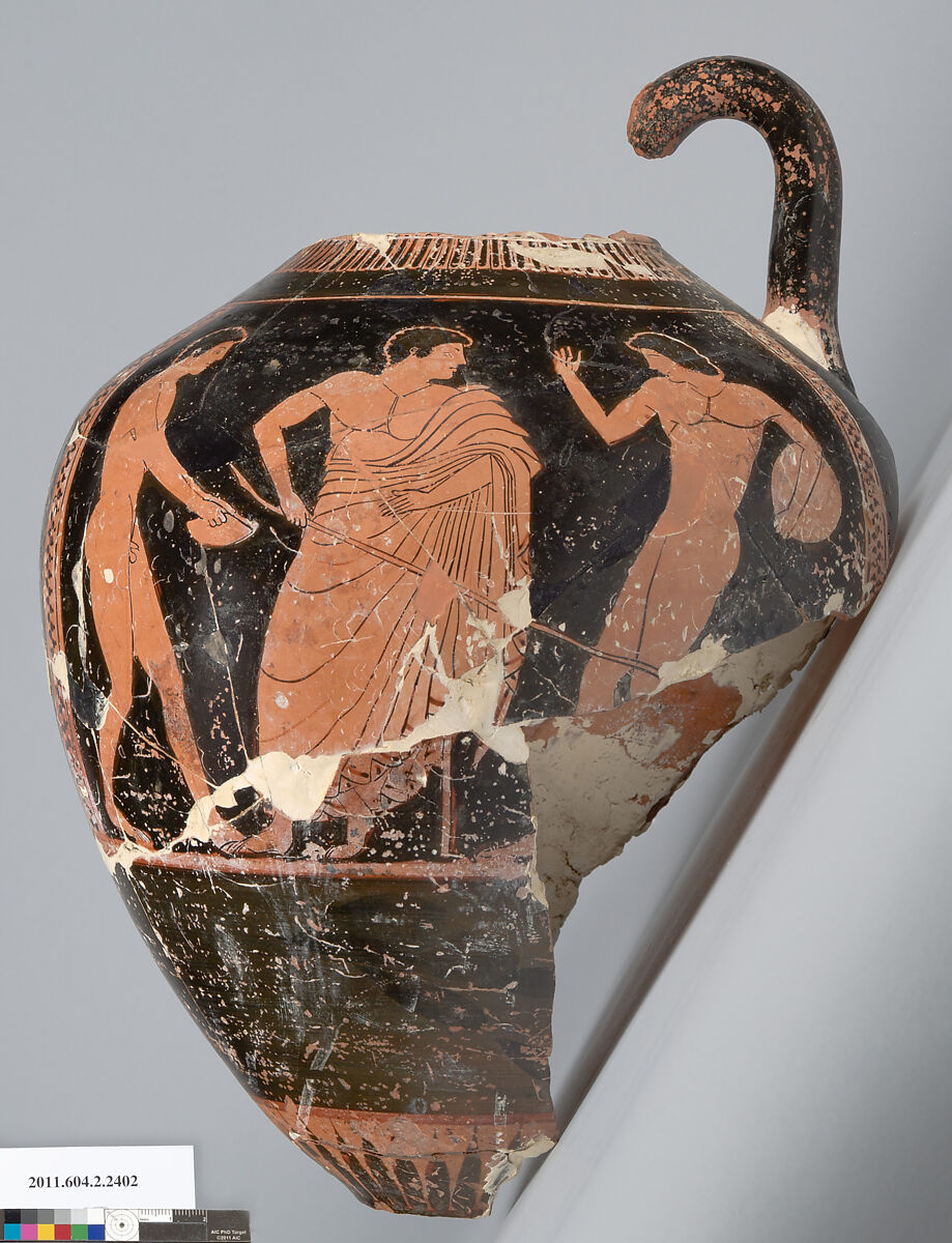 Terracotta fragment of a neck-amphora of Panathenaic shape, Terracotta, Greek, Attic