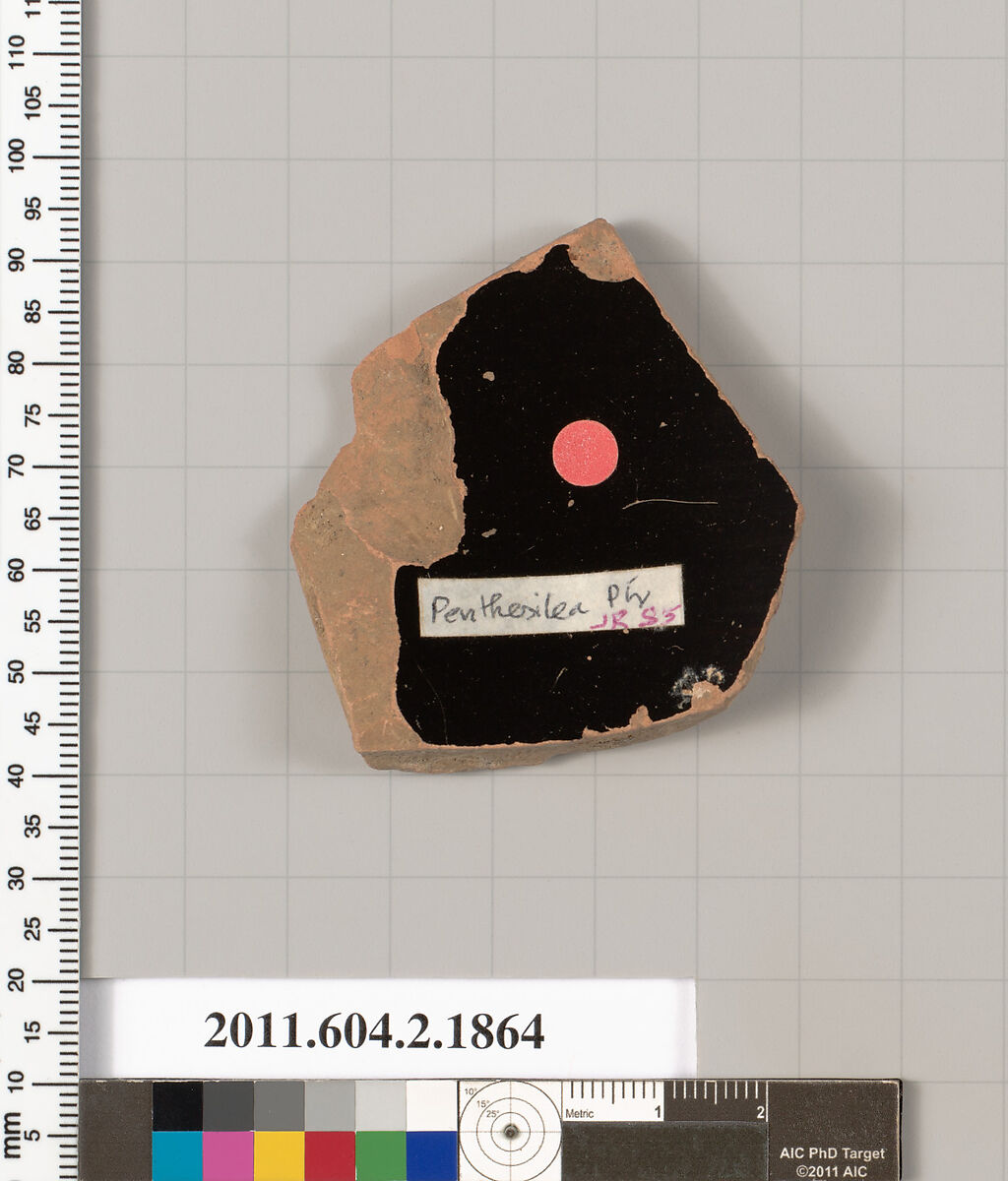 Terracotta fragment of a skyphos (deep drinking cup), Attributed to the Penthesilea Painter, Terracotta, Greek, Attic