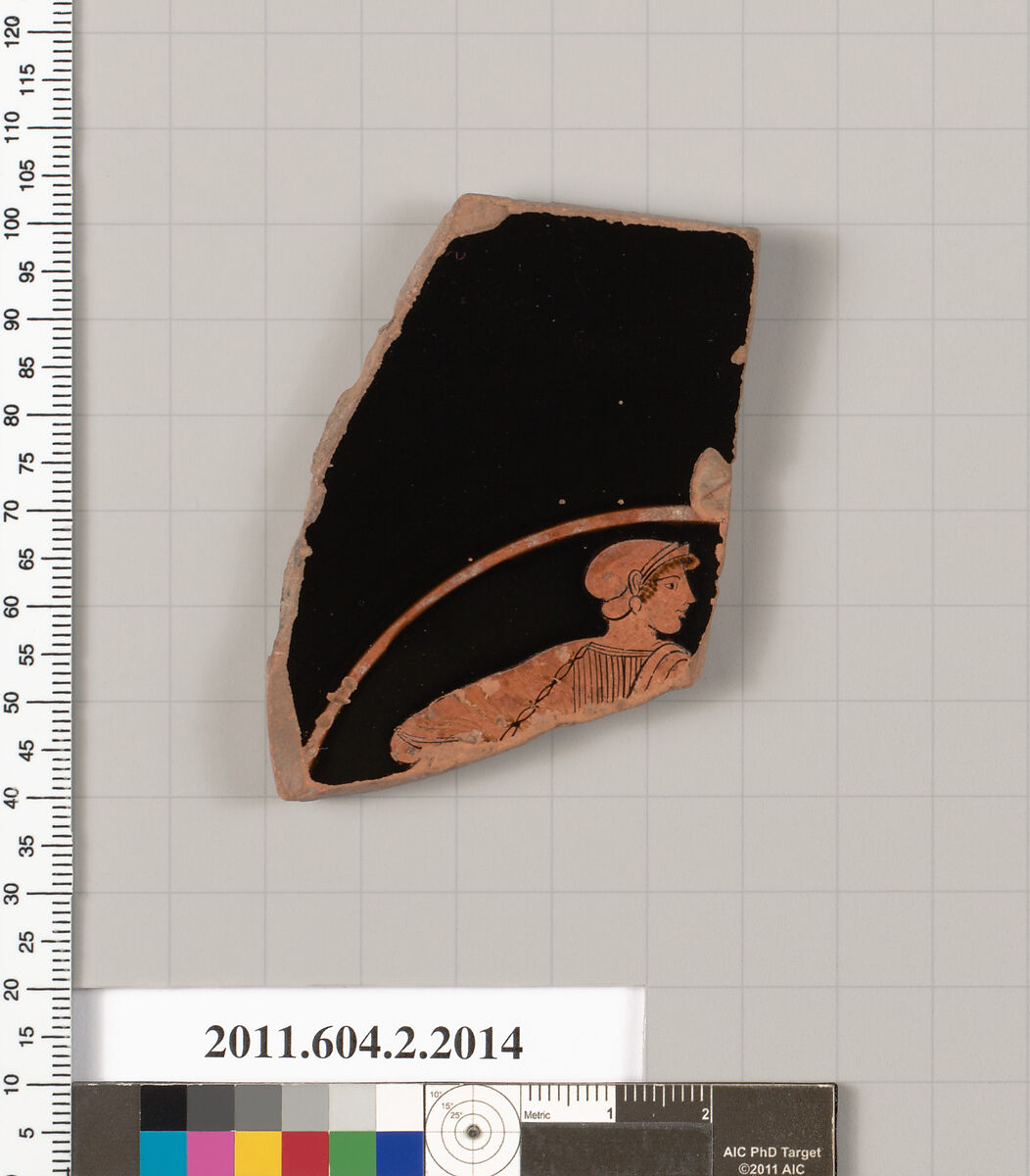 Terracotta fragment of a stemmed plate, Attributed to the Briseis Painter [DvB], Terracotta, Greek, Attic 