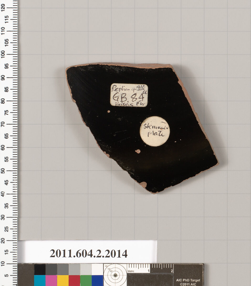 Terracotta fragment of a stemmed plate, Attributed to the Briseis Painter [DvB], Terracotta, Greek, Attic