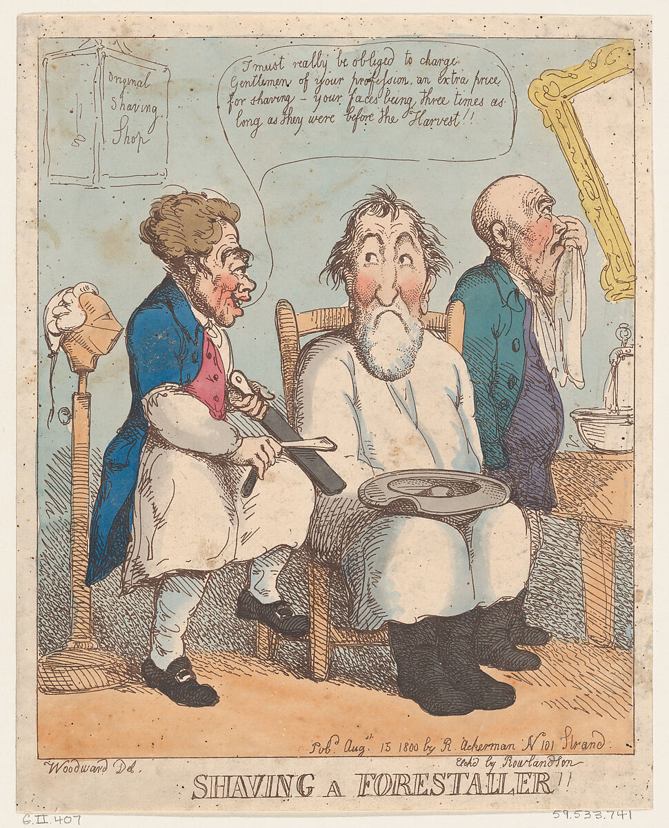 Shaving a Forestaller, Thomas Rowlandson (British, London 1757–1827 London), Hand-colored etching 