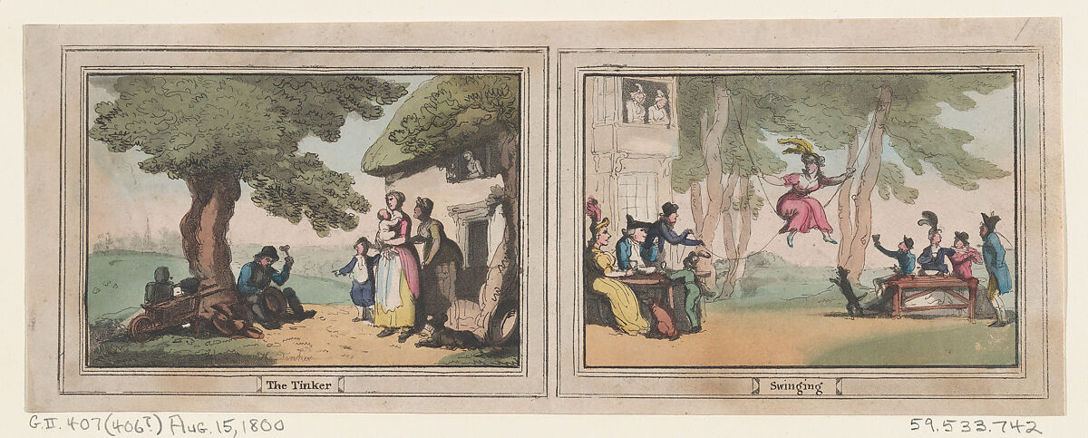The Tinker and Swinging, Thomas Rowlandson (British, London 1757–1827 London), Hand-colored etching 