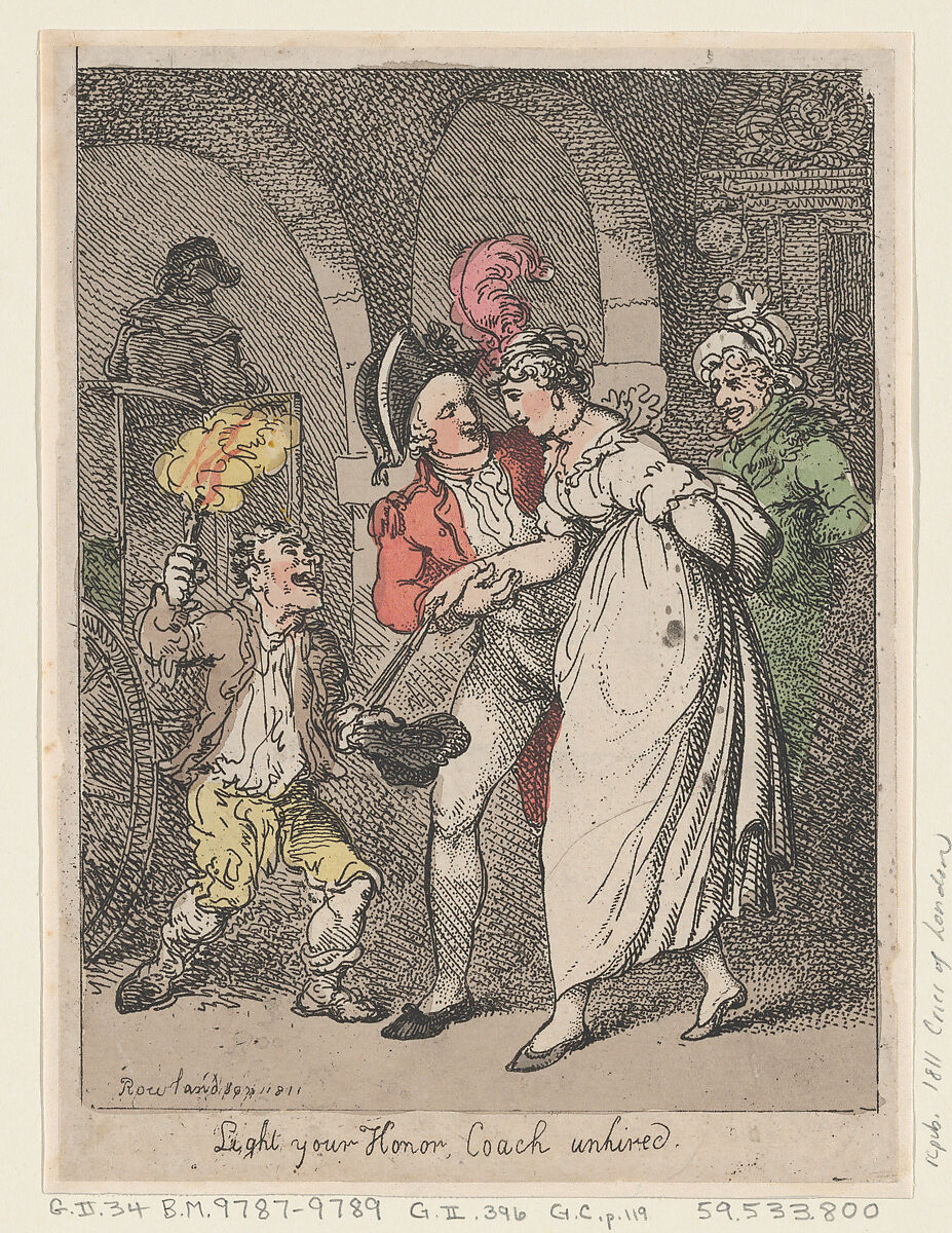 Light Your Honor, Coach unhired, Thomas Rowlandson (British, London 1757–1827 London), Hand-colored etching 