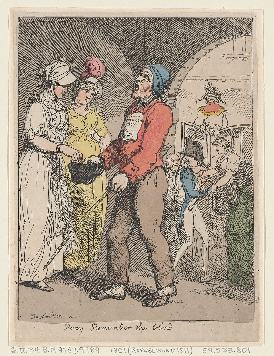 Pray Remember the Blind, Thomas Rowlandson (British, London 1757–1827 London), Hand-colored etching 