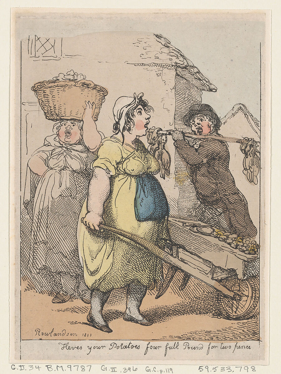Here's Your Potatoes, Four Full Pounds for Two Pence, Thomas Rowlandson (British, London 1757–1827 London), Hand-colored etching 