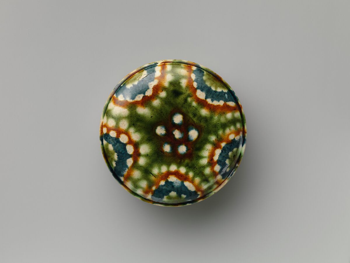 Cosmetics box, Earthenware with marbled veneer and brown glaze, China