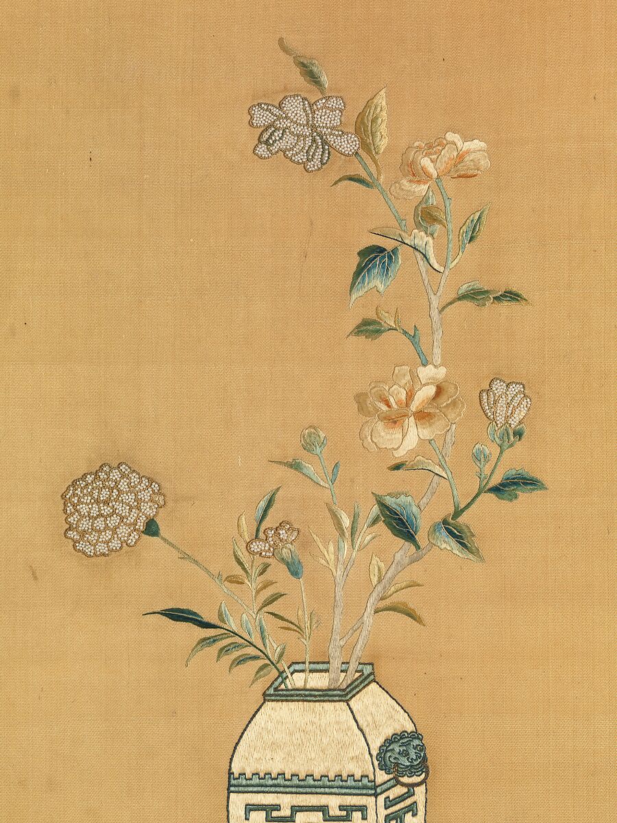 Panel with Flowers in Vase and Scholar's Objects, Silk and metal thread embroidery with small pearls on silk twill, China