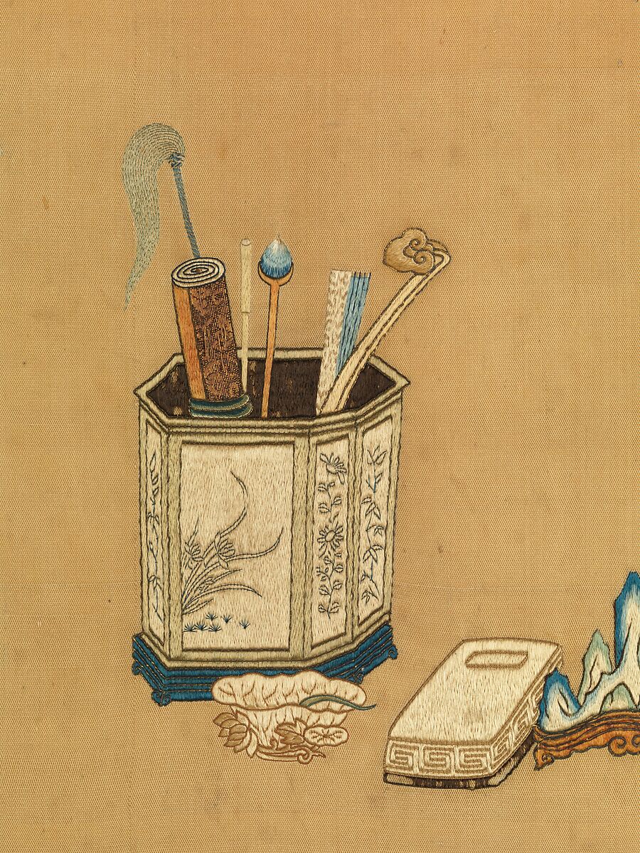Panel with Flowers in Vase and Scholar's Objects, Silk and metal thread embroidery with small pearls on silk twill, China