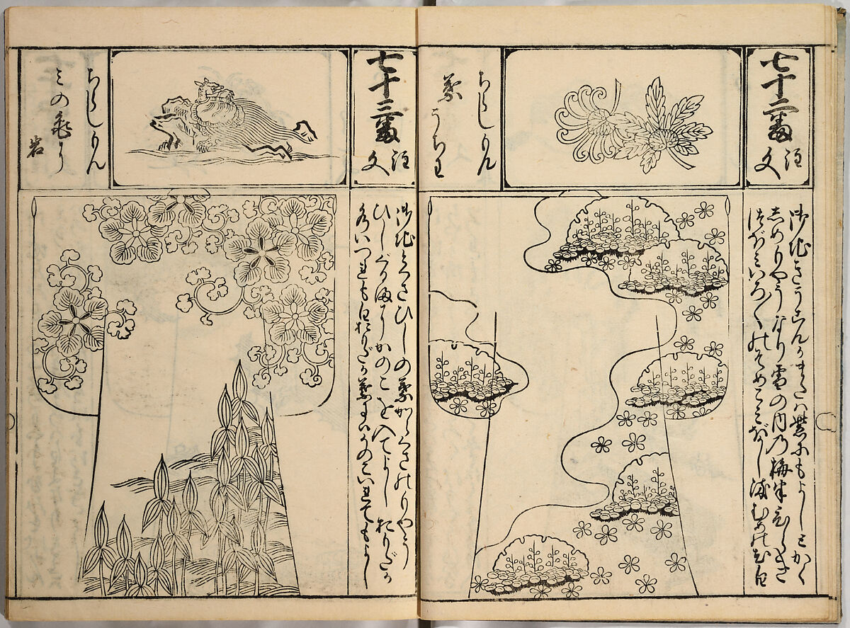 Order Book of Kosode Patterns (Chūmon no hiinagata/Hiinagata chūmon chō), Imura Katsukichi (Japanese,  active early 18th century), Woodblock-printed book; ink on paper, Japan