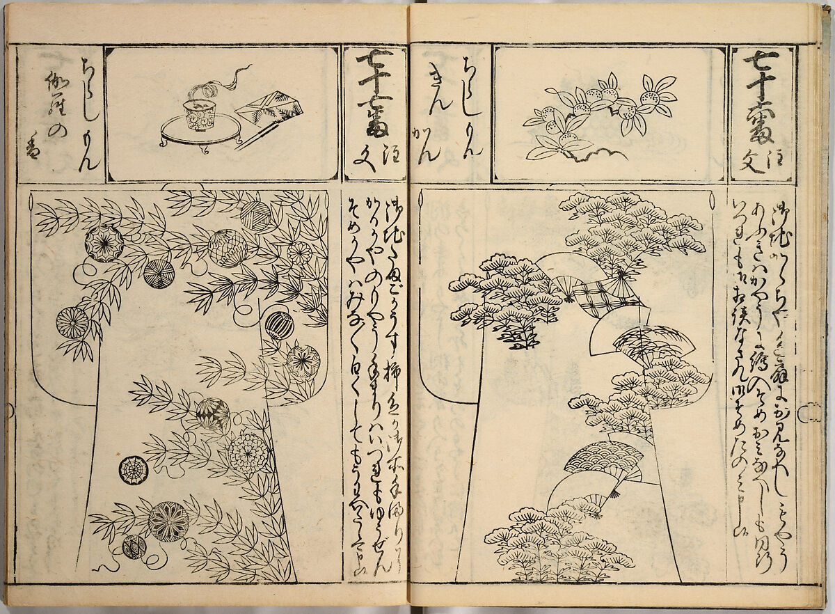 Order Book of Kosode Patterns (Chūmon no hiinagata/Hiinagata chūmon chō), Imura Katsukichi (Japanese,  active early 18th century), Woodblock-printed book; ink on paper, Japan
