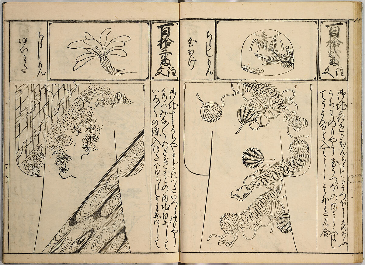 Order Book of Kosode Patterns (Chūmon no hiinagata/Hiinagata chūmon chō), Imura Katsukichi (Japanese,  active early 18th century), Woodblock-printed book; ink on paper, Japan