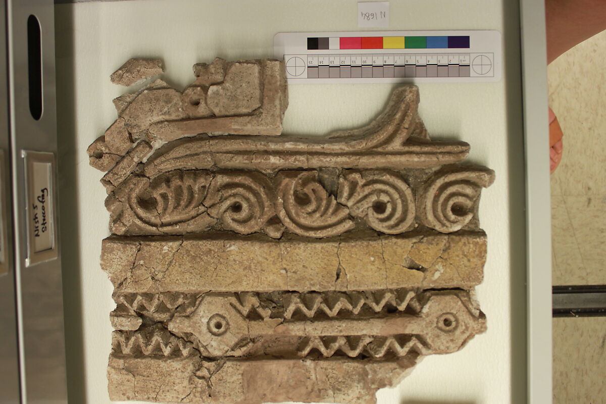 Fragment of a Carved Panel with Stars, Stucco; carved, painted