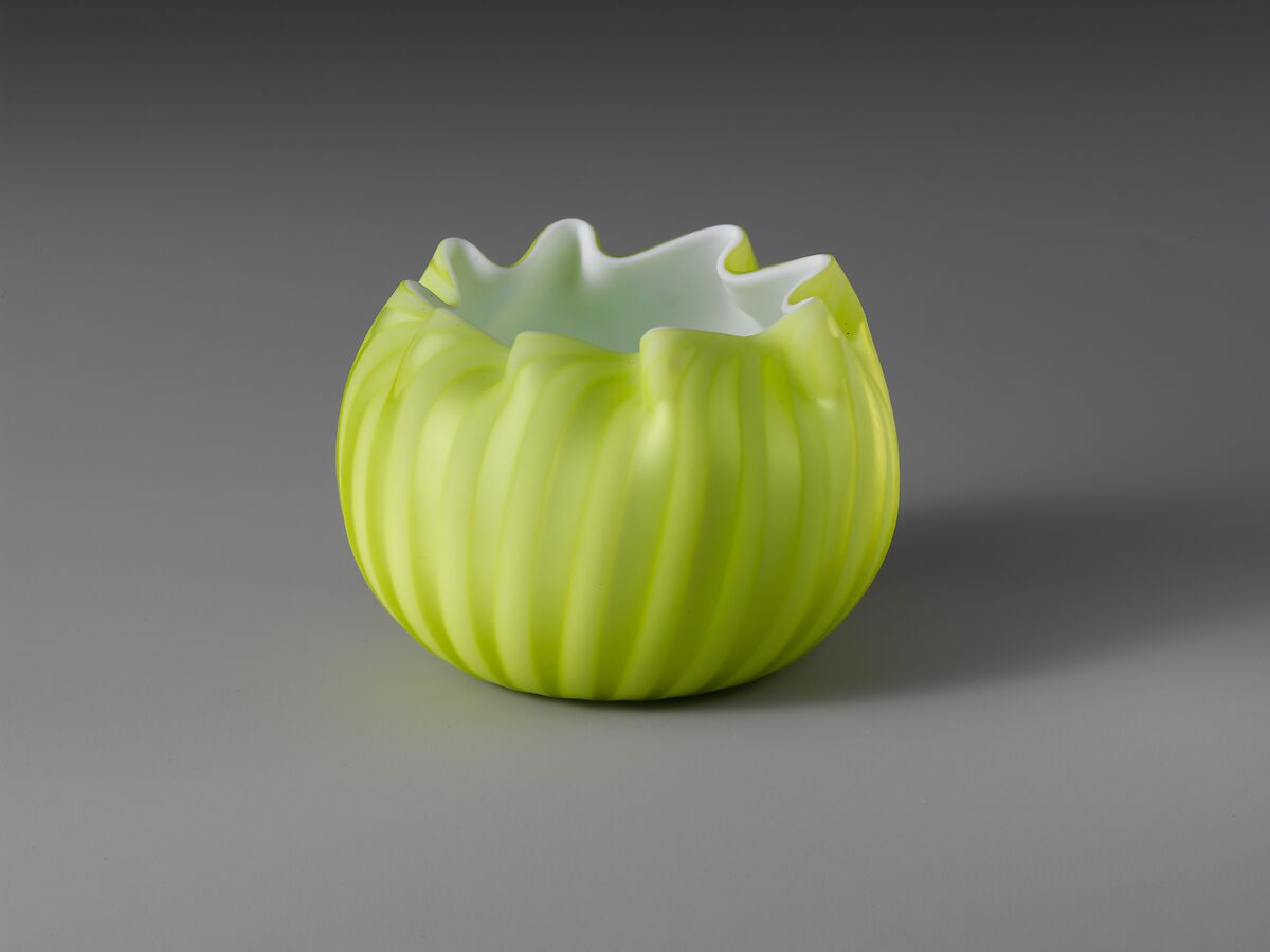 Sherbet Dish, Blown satin yellow and opaque white glass, British 