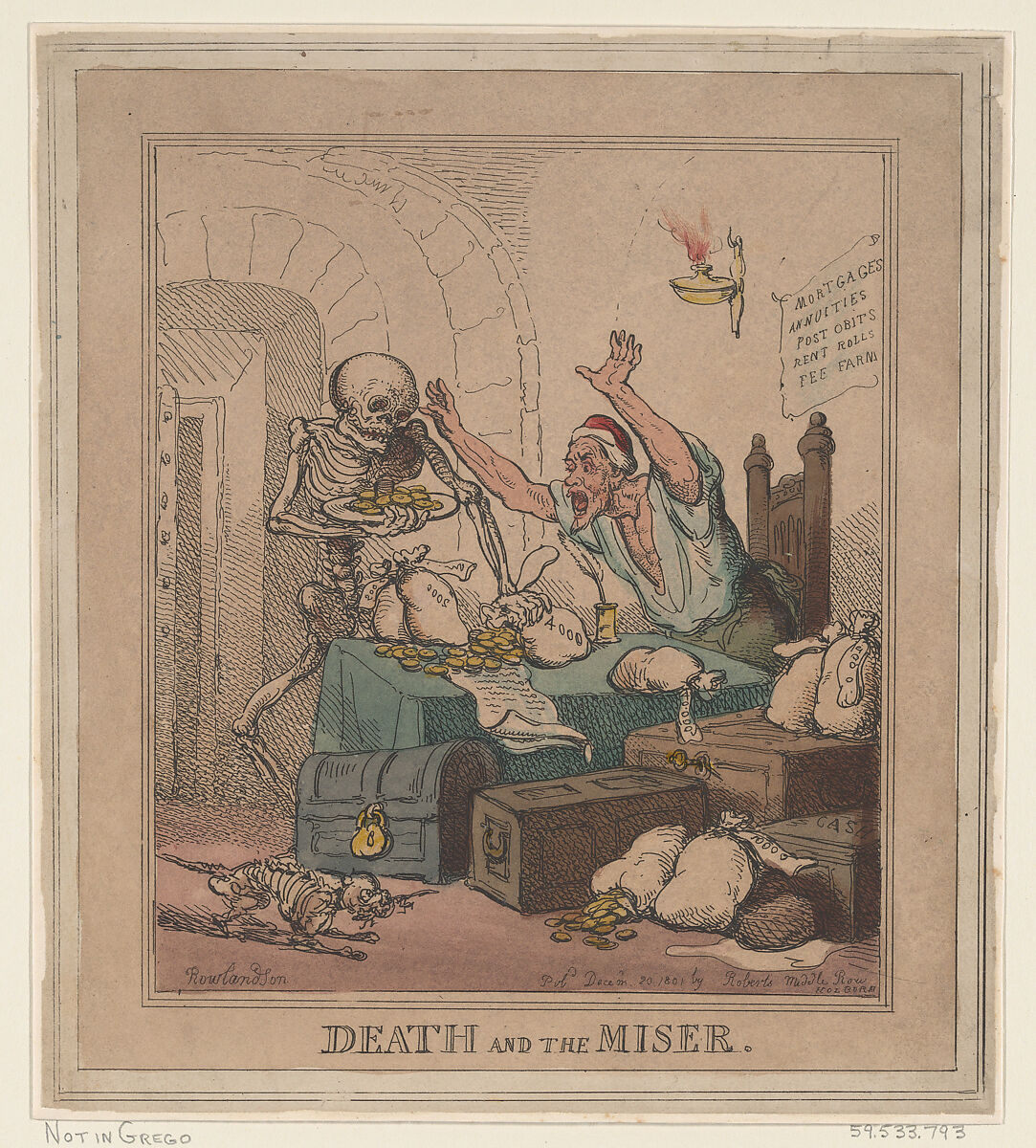 Death and the Miser, Thomas Rowlandson (British, London 1757–1827 London), Hand-colored etching 