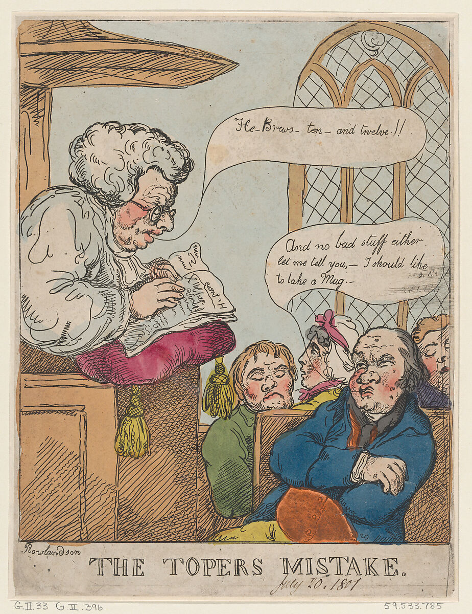 The Toper's Mistake, Thomas Rowlandson (British, London 1757–1827 London), Hand-colored etching 