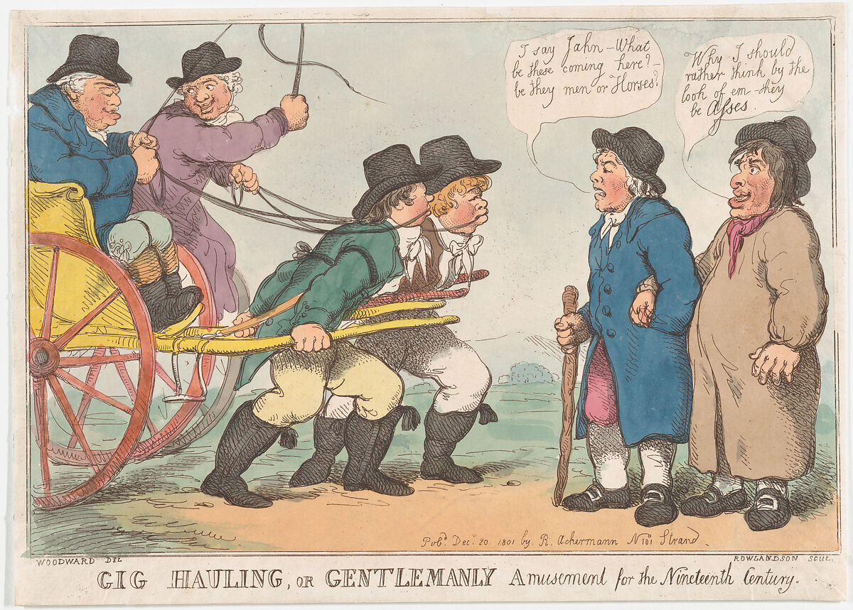Gig Hauling, or Gentlemanly Amusement for the Nineteenth Century, Thomas Rowlandson (British, London 1757–1827 London), Hand-colored etching 