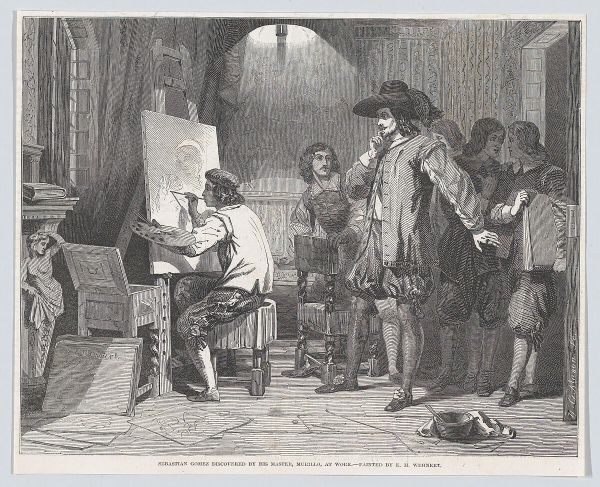 Sebastian Gomez Discovered by His Master Murillo, At Work, from "Illustrated London News", Walter George Mason (British, Holloway, Middlesex 1820–1866 Sydney, Australia), Wood engraving 