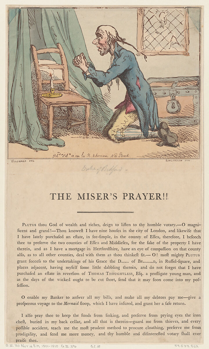 The Miser's Prayer, Thomas Rowlandson (British, London 1757–1827 London), Hand-colored etching 