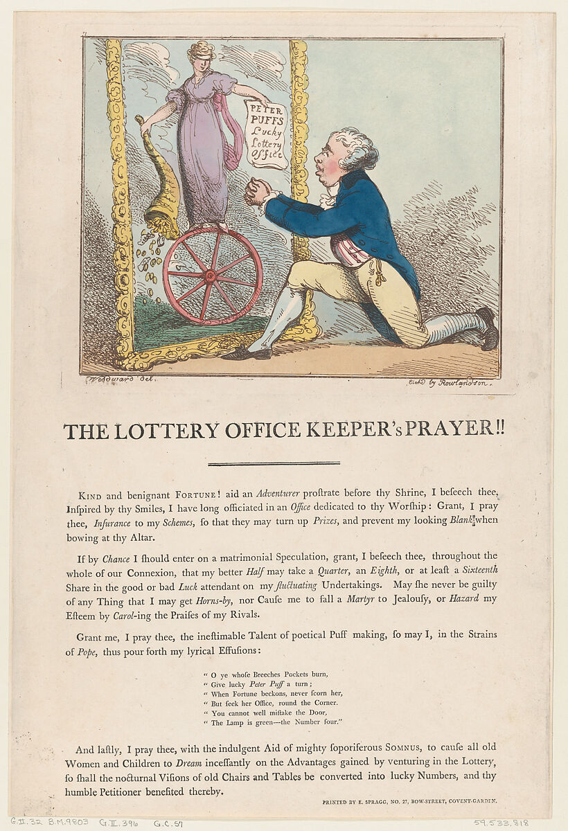 The Lottery Office Keeper's Prayer!!, Thomas Rowlandson (British, London 1757–1827 London), Hand-colored etching 