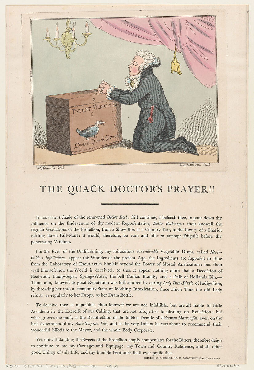 The Quack Doctor's Prayer!!, Thomas Rowlandson (British, London 1757–1827 London), Hand-colored etching 