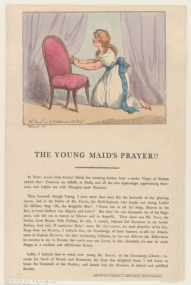The Young Maid's Prayer!!, Thomas Rowlandson (British, London 1757–1827 London), Hand-colored etching 