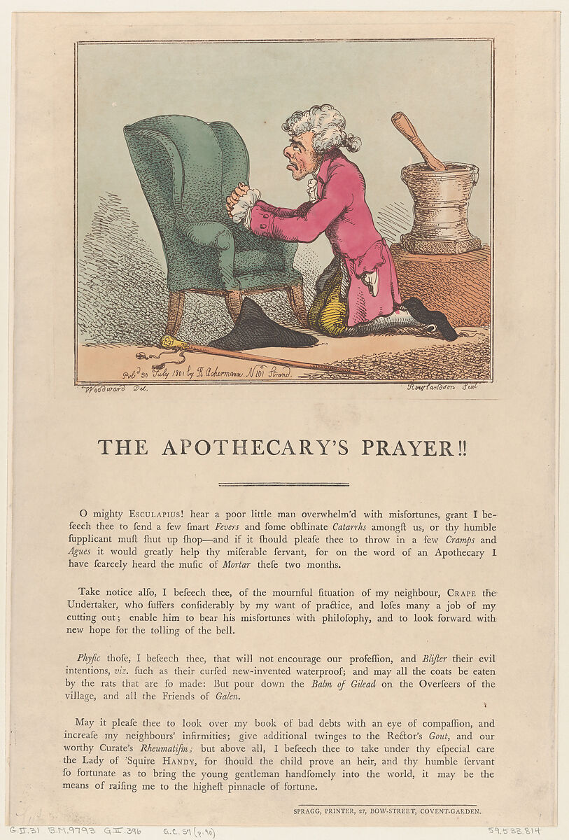 The Apothecary's Prayer!!, Thomas Rowlandson (British, London 1757–1827 London), Hand-colored etching 
