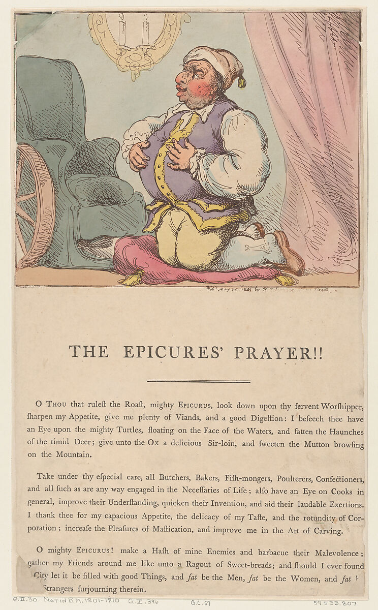 The Epicure's Prayer!!, Thomas Rowlandson (British, London 1757–1827 London), Hand-colored etching 