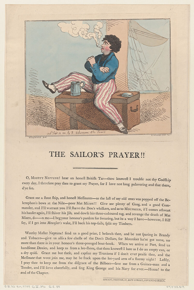 The Sailor's Prayer!!, Thomas Rowlandson (British, London 1757–1827 London), Hand-colored etching 