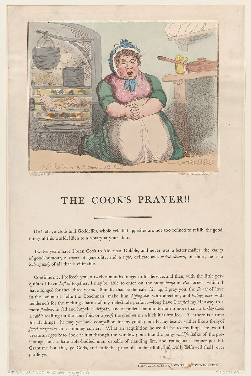 The Cook's Prayer!!, Thomas Rowlandson (British, London 1757–1827 London), Hand-colored etching 