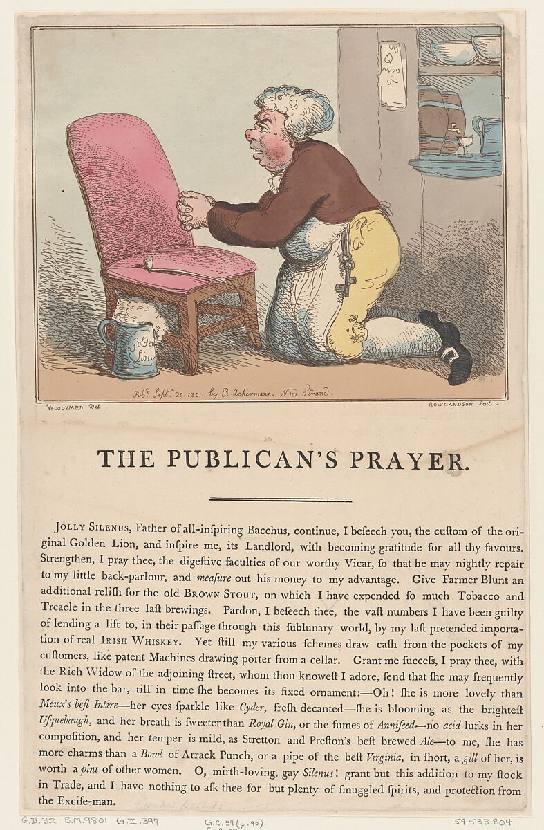 The Publican's Prayer, Thomas Rowlandson (British, London 1757–1827 London), Hand-colored etching 