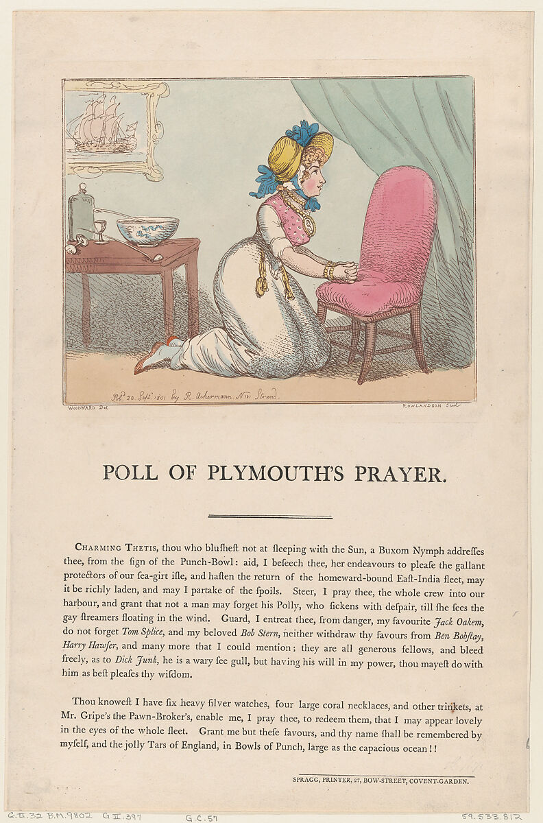 Poll of Plymouth's Prayer, Thomas Rowlandson (British, London 1757–1827 London), Hand-colored etching 